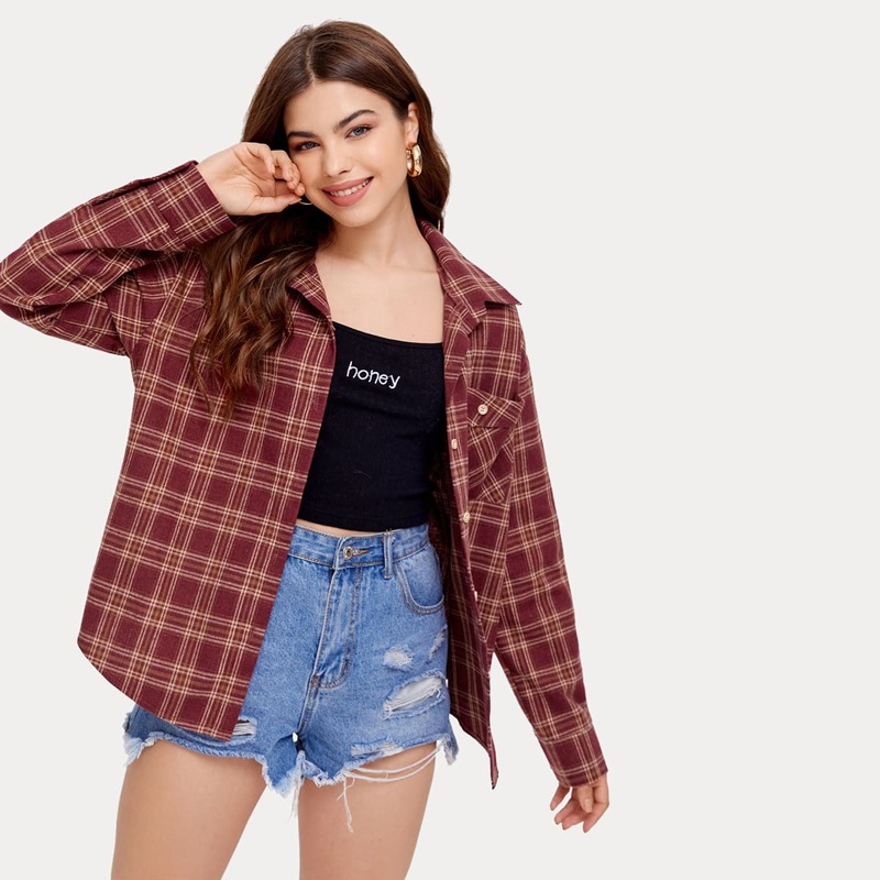 

Plaid Button Front Blouse, Maroon