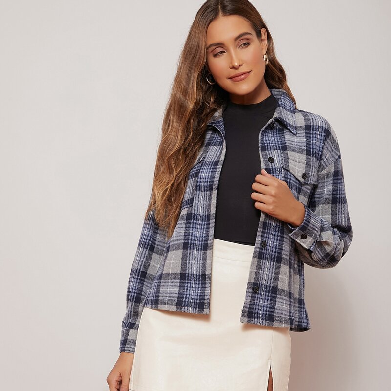 

Flap Pocket Drop Shoulder Tartan Jacket, Multicolor
