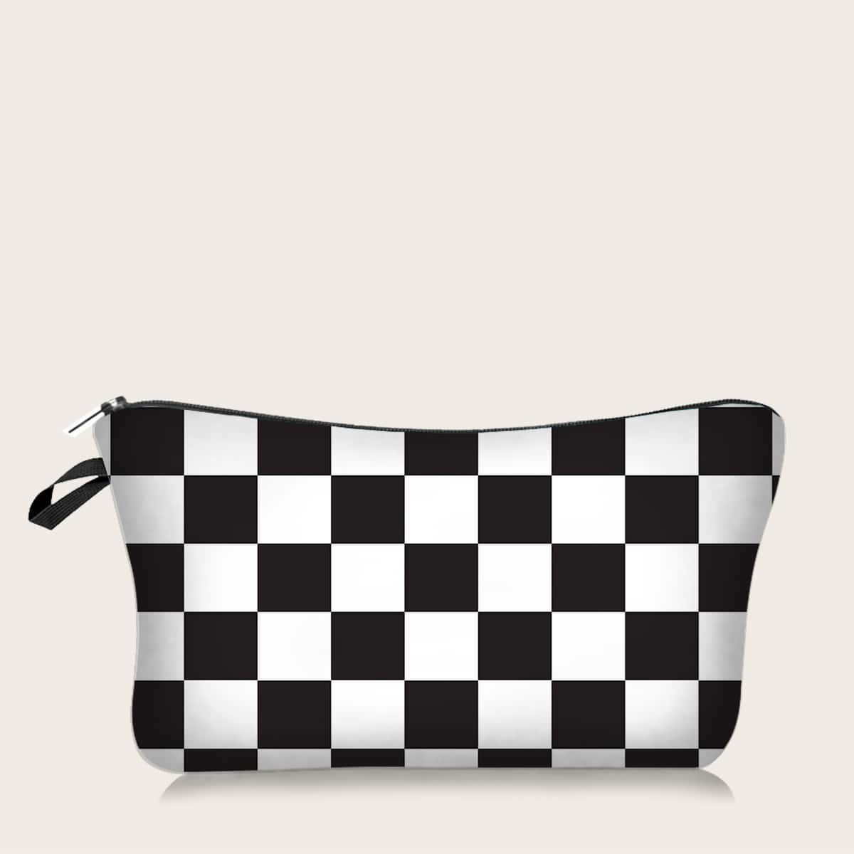 

Plaid Makeup Bag, Black and white