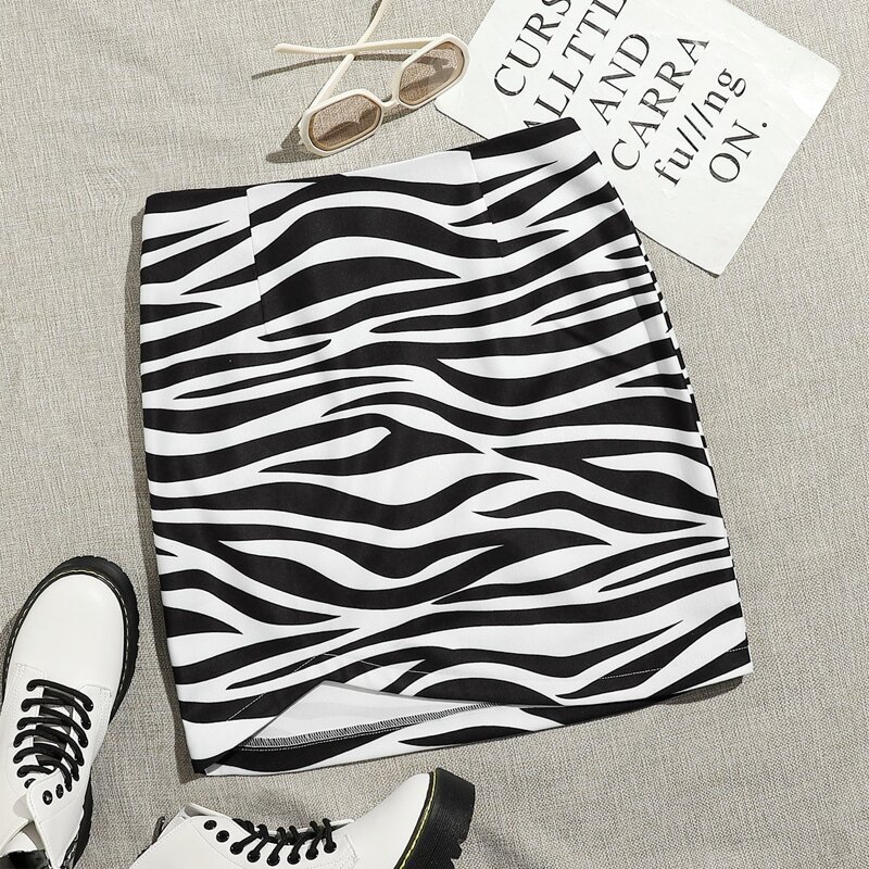 

Zebra Striped Skirts Asymmetrical Hem Bodycon Skirt, Black and white