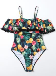 Tropical & Floral Ruffle Pom-Pom Trim One-Piece Swimsuit, For Summer Beach Vacation - Multicolor - View 3
