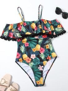 Tropical & Floral Ruffle Pom-Pom Trim One-Piece Swimsuit, For Summer Beach Vacation - Multicolor - View 4