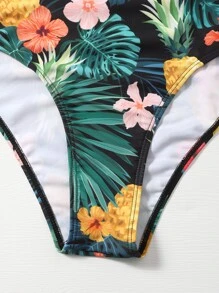 Tropical & Floral Ruffle Pom-Pom Trim One-Piece Swimsuit, For Summer Beach Vacation - Multicolor - View 5