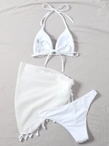 Solid Bikini Set Micro Triangle Bra & Bikini Bottom & Tassel Trim Beach Skirt 3 Piece Bathing Suit, For Summer Vacation - White - View 2