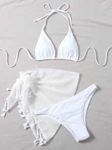 Solid Bikini Set Micro Triangle Bra & Bikini Bottom & Tassel Trim Beach Skirt 3 Piece Bathing Suit, For Summer Vacation - White - View 3