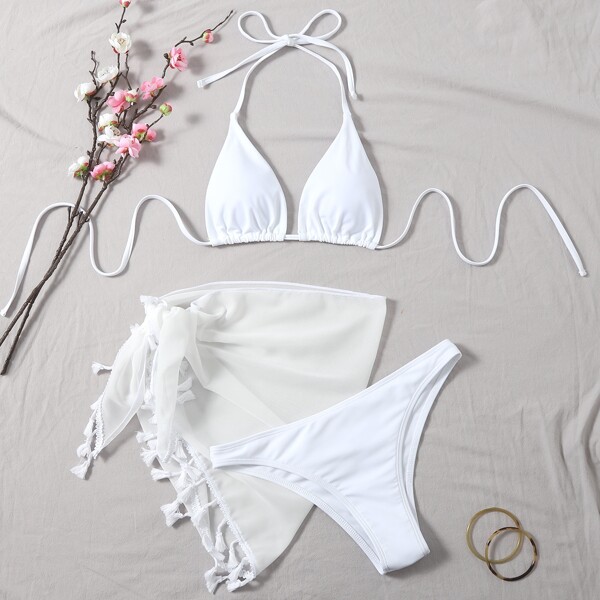 

3pack Micro Triangle Bikini Swimsuit & Beach Skirt, White
