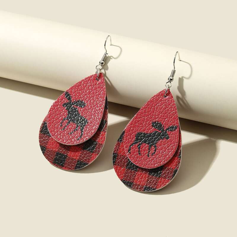 

Christmas Deer Pattern Waterdrop Drop Earrings, Red