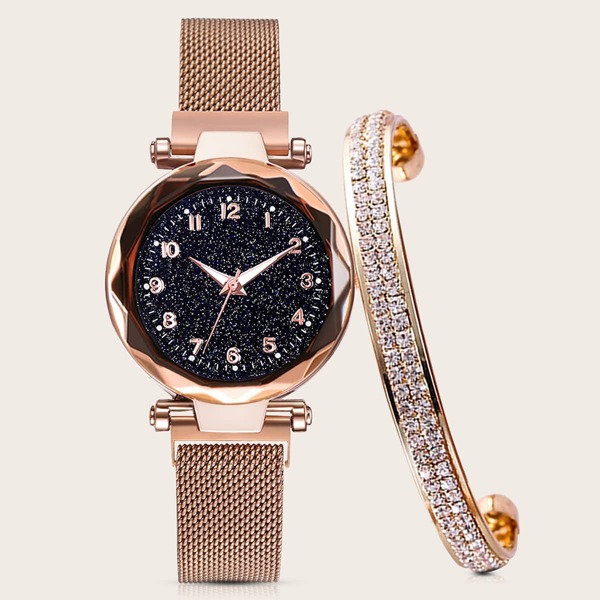 

2pcs Starry Sky Dial Quartz Watch & Bracelet Set