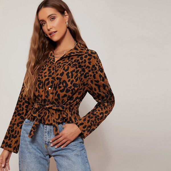 

Drop Shoulder Belted Leopard Cord Jacket, Multicolor