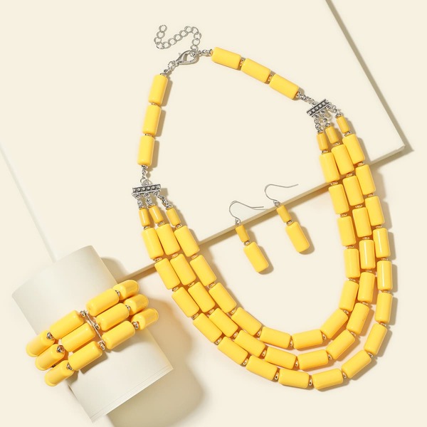 

1pc Beaded Necklace & 1pc Bracelet & 1pair Earrings, Yellow
