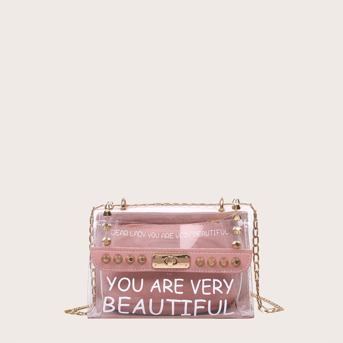 

Letter Graphic Studded Decor Shoulder Bag, Pink