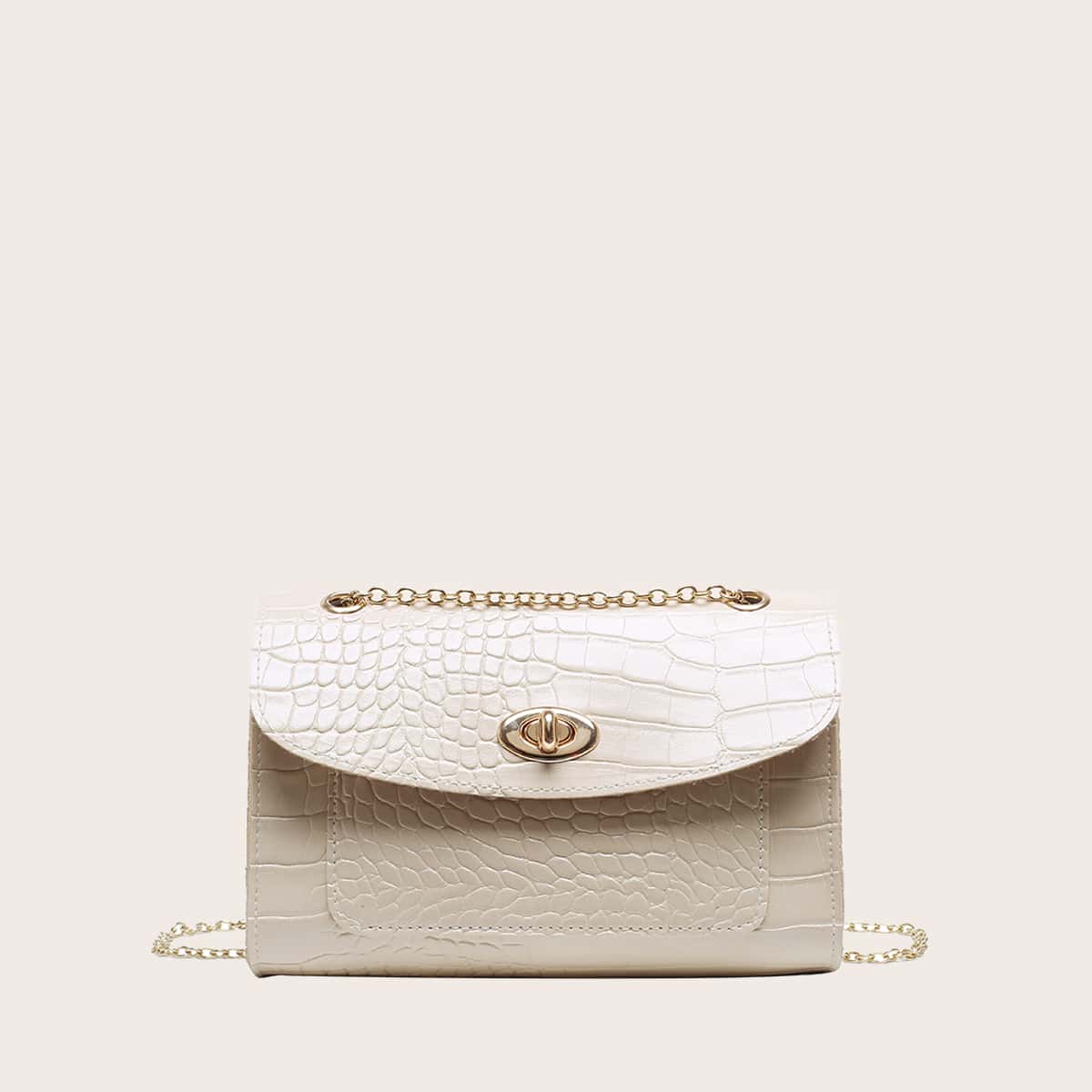 Croc Embossed Chain Shoulder Bag, Beige