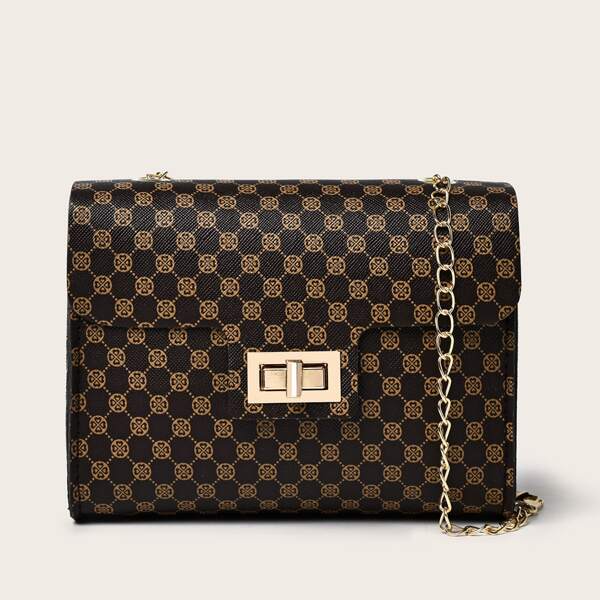 

Geometric Graphic Chain Crossbody Bag, Brown