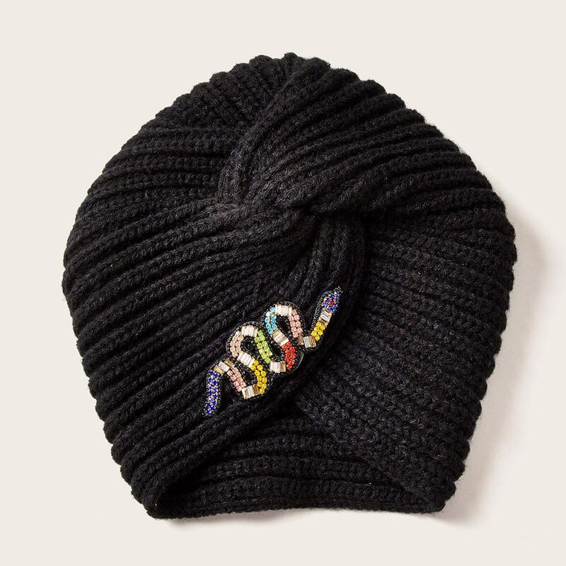 

Rhinestone Snake Decor Knitted Turban Hat, Black