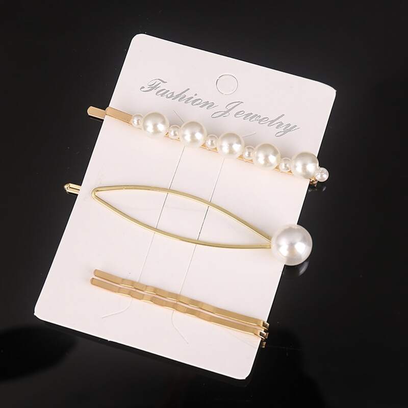 

4pcs Faux Pearls & Geo Design Hair Clip, Gold