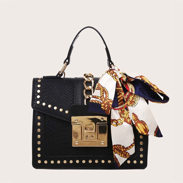 

Twilly Scarf Decor Turn-Lock Satchel Bag, Black