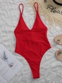 SHEIN Swim Cut-out Tie Back One Piece Swimsuit - Red - View 3