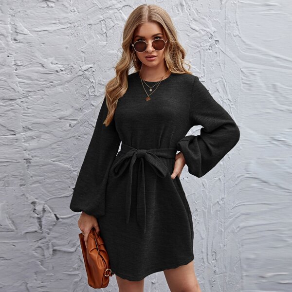 

Lantern Sleeve Self Belt Dress, Black