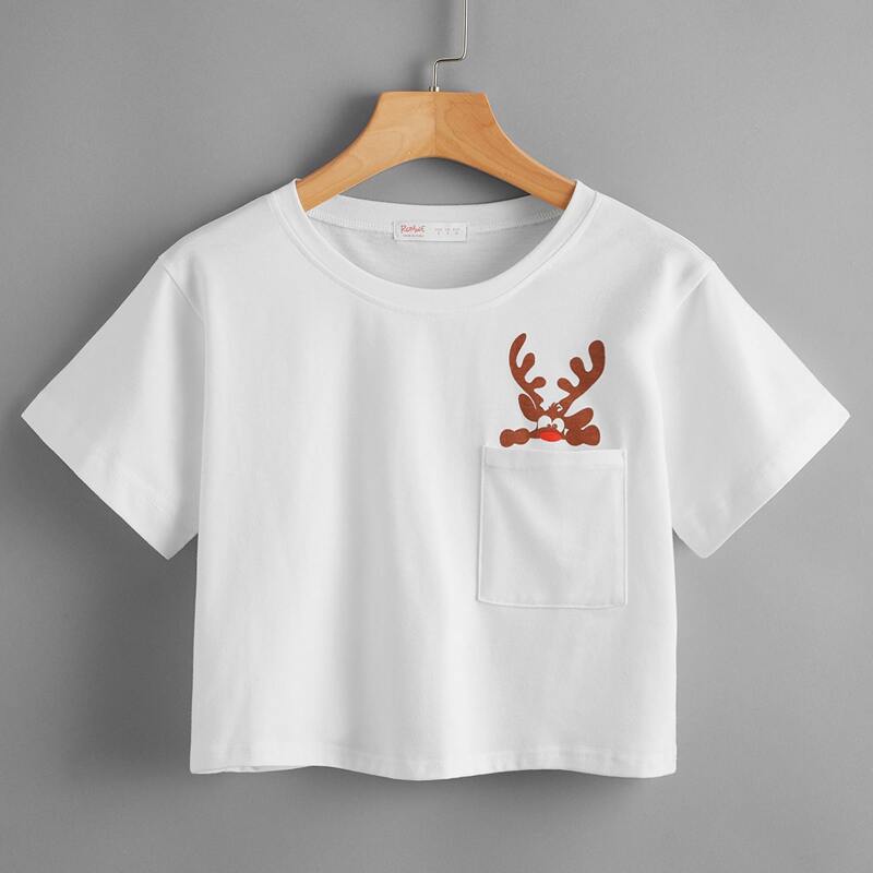 

Christmas Deer Graphic Pocket Crop Tee, White