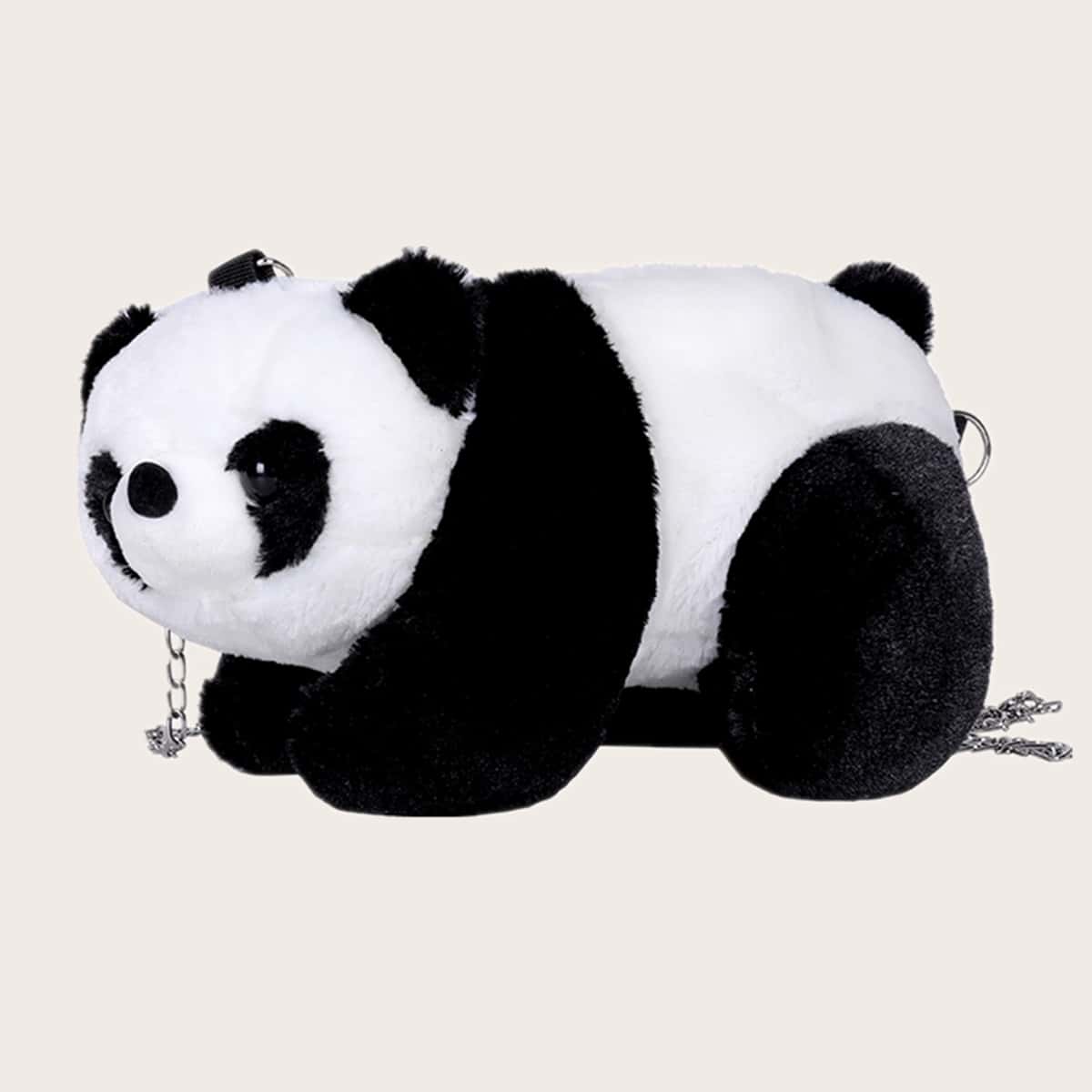 

Fluffy Panda Chain Crossbody Bag, Black and white
