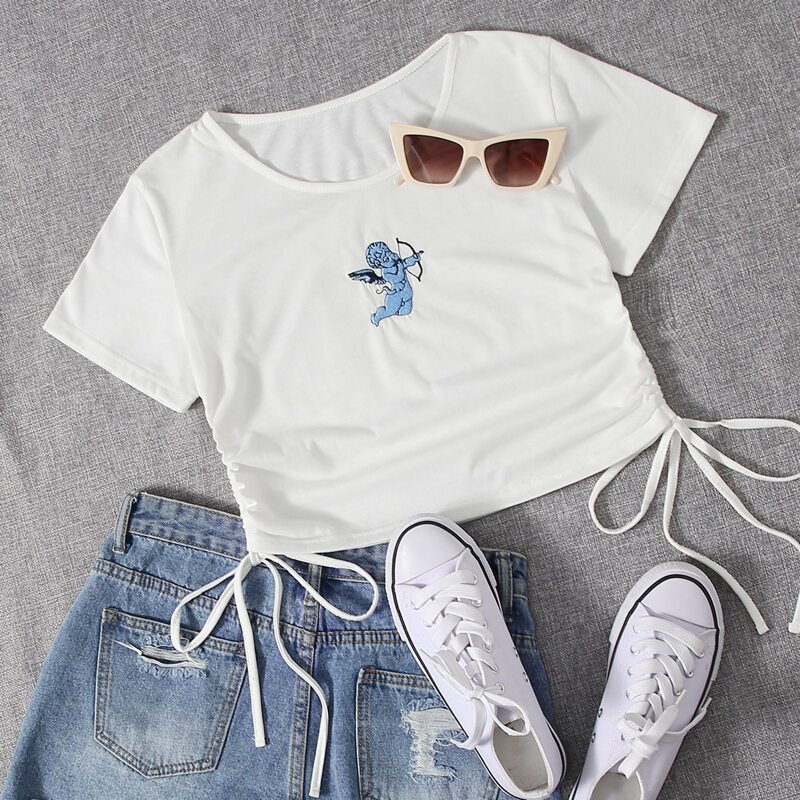 

Angel Embroidery Ruched Tee, White