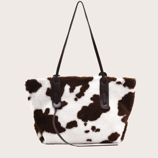 

Cow Print Fluffy Tote Bag, Brown