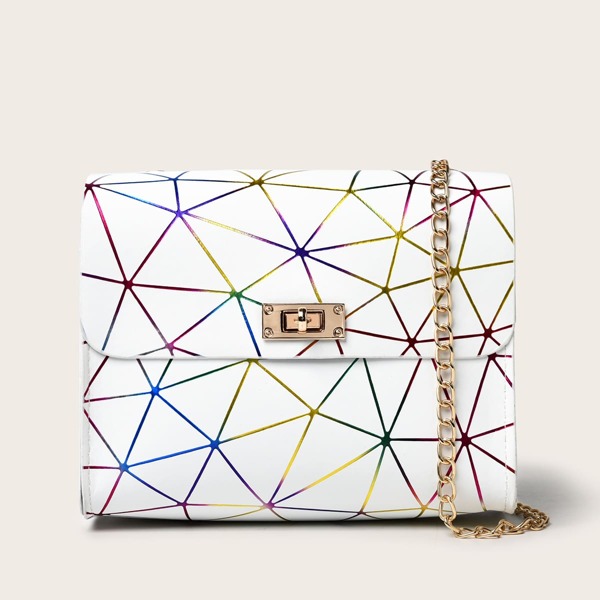 

Twist Lock Geometric Graphic Crossbody Bag, White