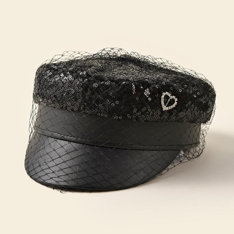 

Sequins Decor Bakerboy Cap, Black