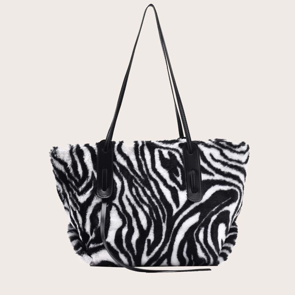 

Zebra Print Fluffy Tote Bag, Black and white