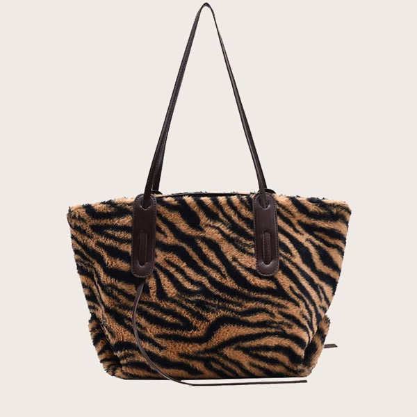 

Zebra Print Fluffy Tote Bag, Coffee brown