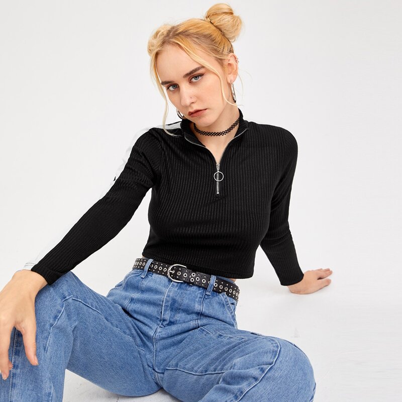 

Contrast Tape Half Zip Crop Tee, Black