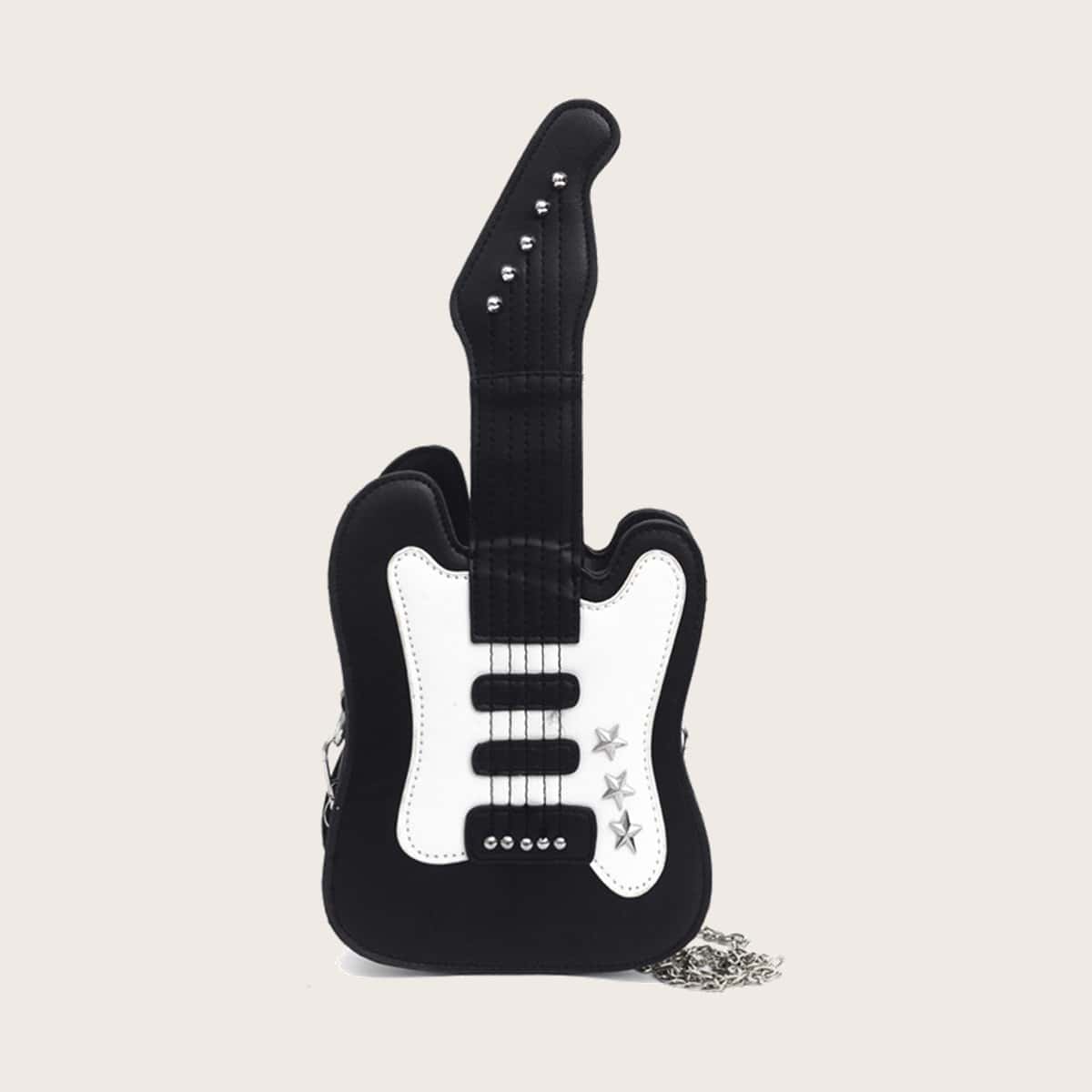 

Guitar Shaped Chain Crossbody Bag, Black and white