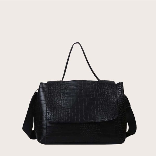 

Croc Embossed Satchel Bag, Black