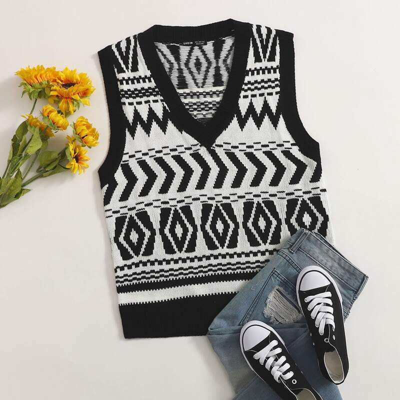

Geo & Chevron Pattern Sweater Vest Without Blouse, Black and white
