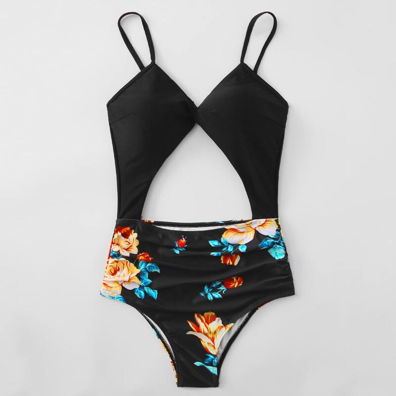

Floral Cut-out One Piece Swimsuit, Black