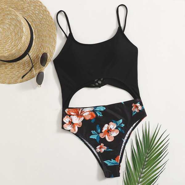 

Floral Cut-out One Piece Swimsuit, Black