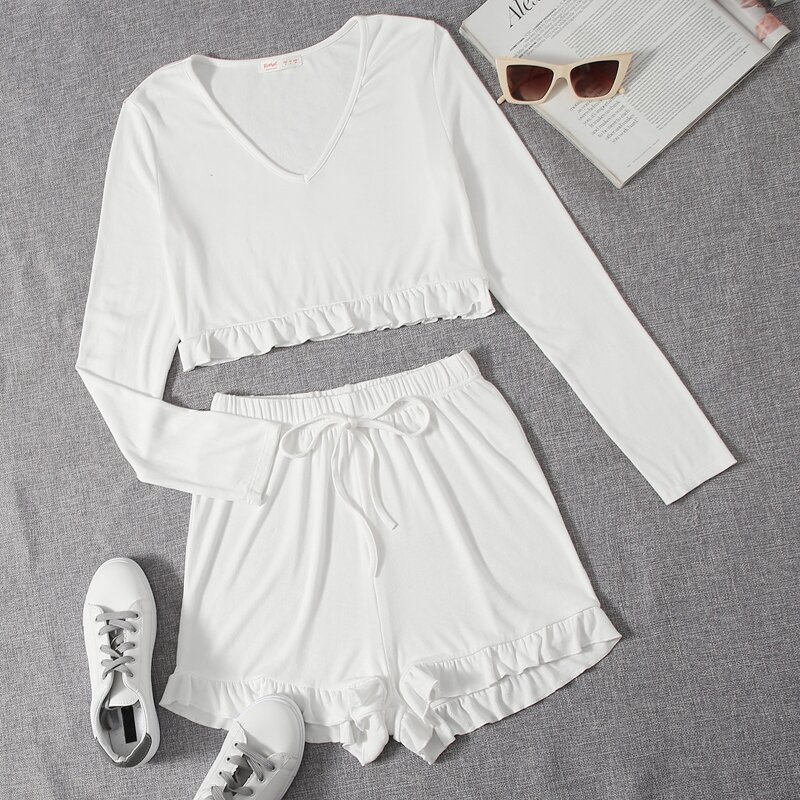 

Solid Ruffle Hem Tee & Shorts, White