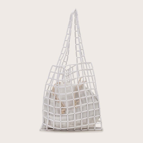 

Beaded Decor Tote Bag With Inner Pouch, White