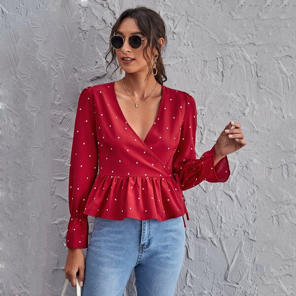 

Surplice Neck Knot Bell Sleeve Polka Dot Peplum Top, Red