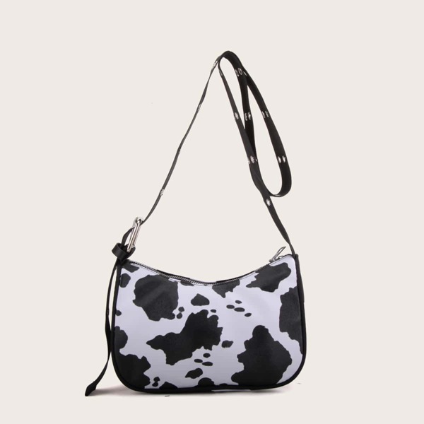 

Cow Print Baguette Bag, Black and white