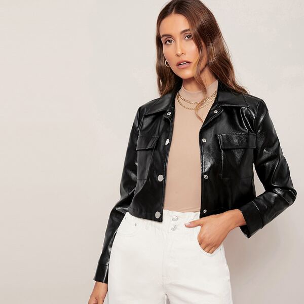 

Flap Pocket PU Leather Jacket, Black
