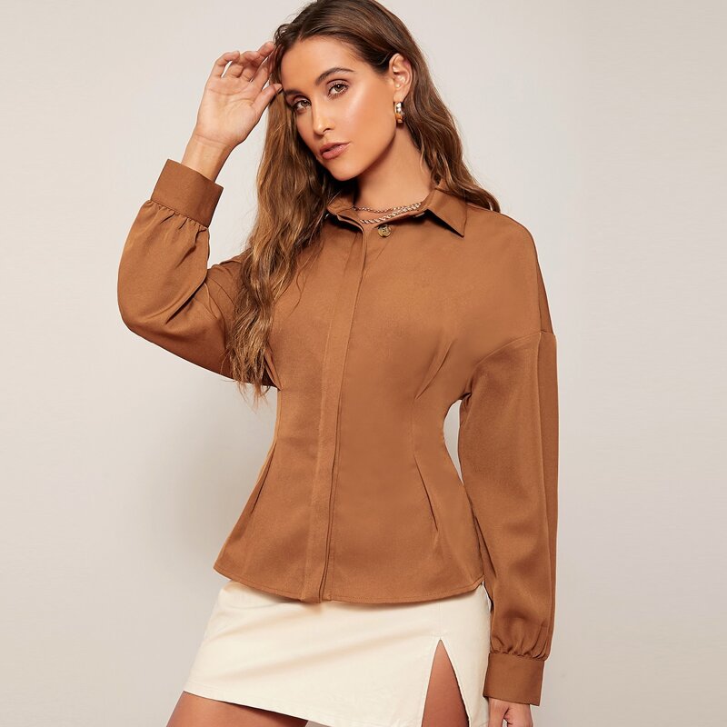 

Drop Shoulder Button Front Blouse, Brown