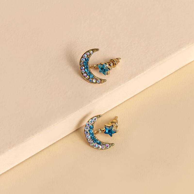 

Rhinestone Decor Star & Moon Design Earrings, Blue