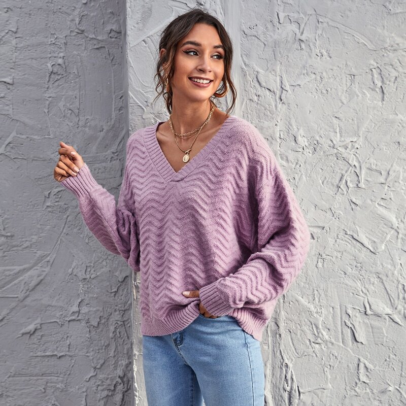

V-neck Drop Shoulder Sweater, Lilac purple