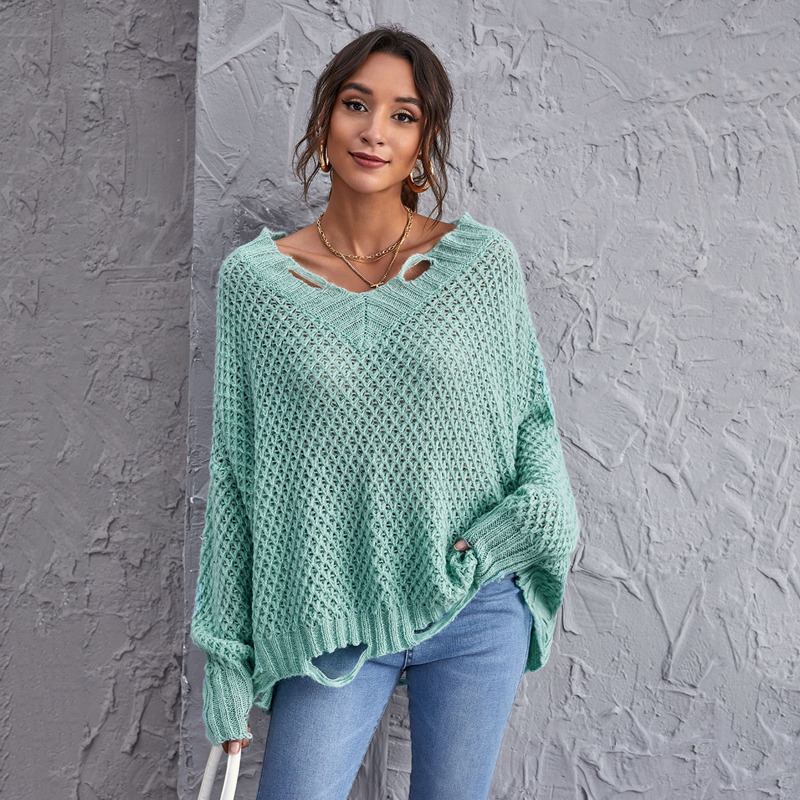 

Distressed Waffle Knit Sweater, Mint green