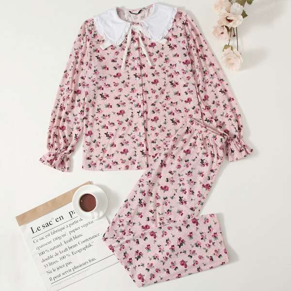 

Peter Pan Collar Ruffle Cuff Floral Top & Pants PJ Set, Pink