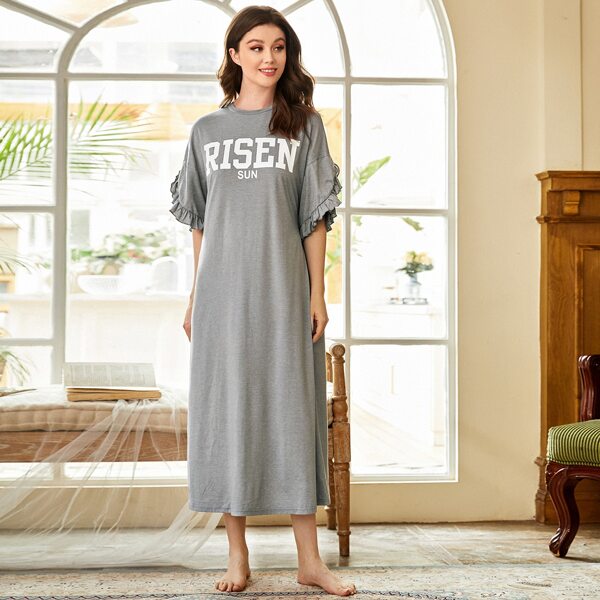 

Drop Shoulder Ruffle Cuff Letter Graphic Nightdress, Grey