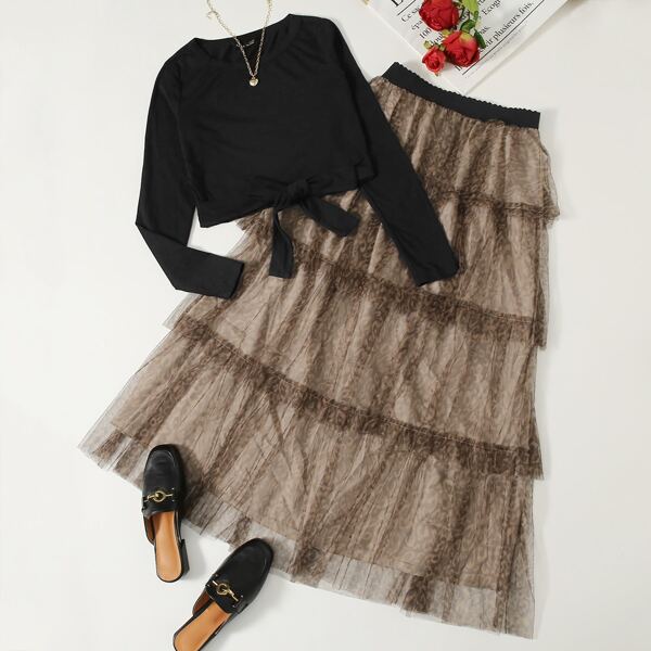 

Tie Front Top & Leopard Mesh Layered Skirt Set, Multicolor