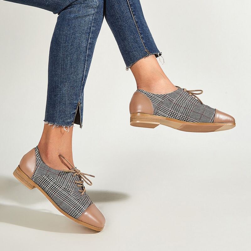 

Lace-up Front Plaid Flats, Multicolor