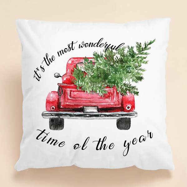 

Christmas Car Print Cushion Cover Without Filler, White